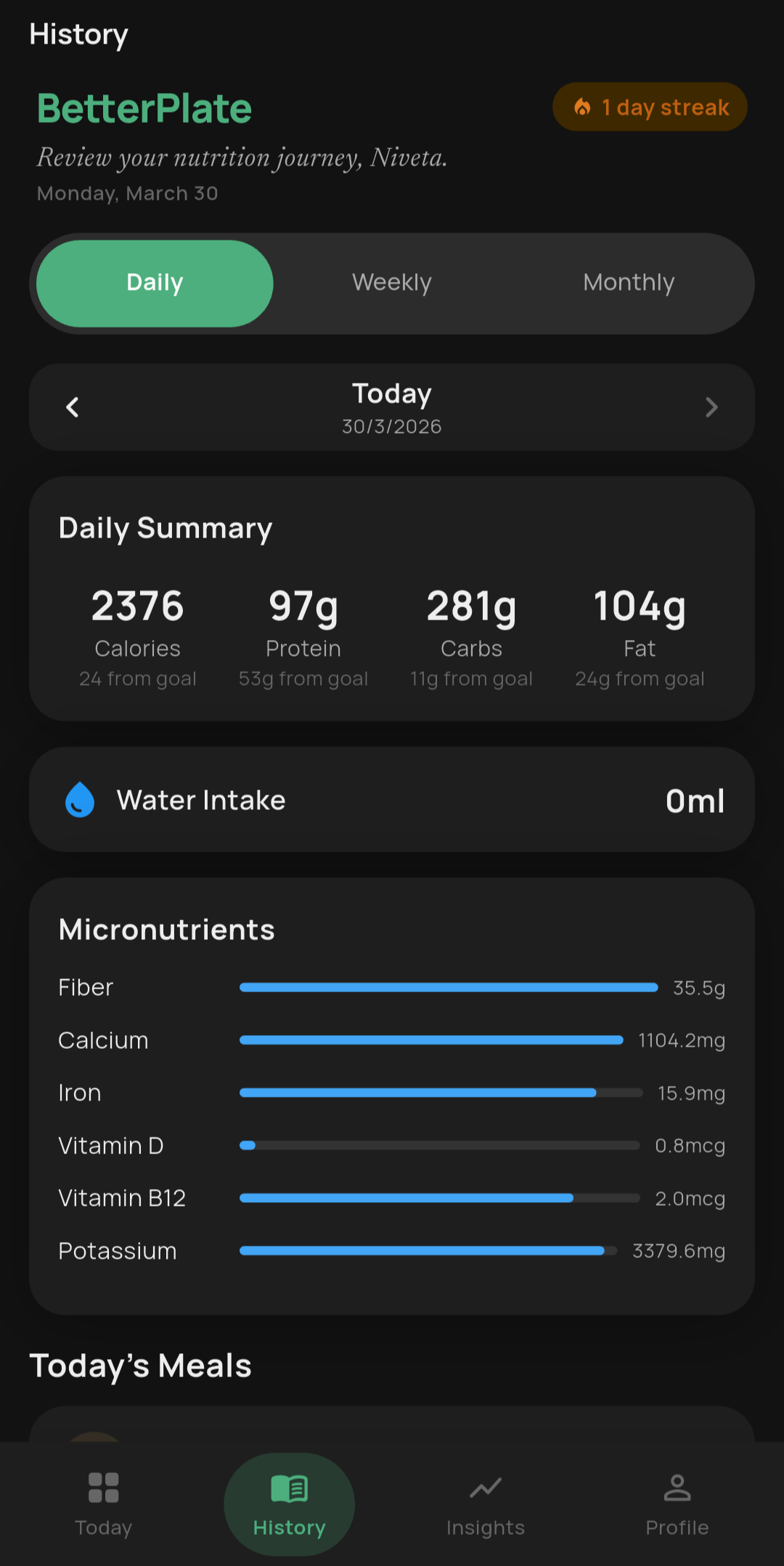 History screen in BetterPlate